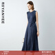 顏域藍色提花連衣裙2026新款女夏季蕾絲拼接圓領(lǐng)背心裙中長(cháng)款裙子 深藍 XL