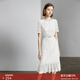 顏域短袖碎花連衣裙女裝2024新款夏裝優(yōu)雅氣質(zhì)中長(cháng)款蕾絲圓領(lǐng)裙子 白色 S/36