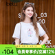 百圖betu女裝春夏新款T恤圓領(lǐng)卡通印花袖口拼接國風(fēng)短袖女2502T30 白色 M