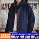 馬登復古藏青色收腰休閑加厚防風(fēng)連帽毛呢呢子外套開(kāi)衫上衣女春 藏青色 M (100-120斤/卡碼拍小)