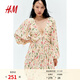 H&M女裝連衣裙春季小碎花連衣裙v領(lǐng)收腰法式長(cháng)袖印花長(cháng)裙1265348 白色/花卉 S 160/88