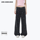 ANN ANDELMAN26春季新款多元素個(gè)性印花復古水洗做舊闊腿牛仔褲子 黑色 M