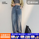 馬登淺藍色女士闊腿牛仔褲復古抽繩直筒褲遮肉顯瘦垂感休閑長(cháng)褲子春 淺藍色 【寬松/卡碼拍小】 M （100-120斤）
