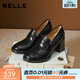 百麗（Belle）復古抓皺面羊皮樂(lè )福鞋女2026春新粗跟氣質(zhì)通勤單鞋B2948AA6 黑色 37 (235mm)