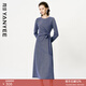 顏域設計感掐腰連衣裙女2025新款秋裝高級感長(cháng)袖過(guò)膝顯瘦氣質(zhì)長(cháng)裙 藍色 L