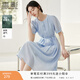 香影藍色天絲連衣裙女2026夏季新款萊賽爾收腰系帶圓領(lǐng)泡泡袖裙子 藍色 M 160/84A/95-110斤