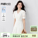 尚都比拉純棉V領(lǐng)泡泡袖白色連衣裙女夏季鏤空拼接顯瘦茶歇裙氣質(zhì)中長(cháng)裙