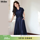 MsShe【巨顯瘦法式連衣裙】大碼女裝2025夏裝胖mm收腰巨遮肚裙子 藏青藍色現貨 5XL