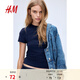 H&M女裝T恤春季修身彈力短袖窄領(lǐng)直筒下擺休閑上衣1261291 海軍藍 XS 155/80