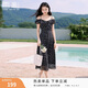 香影（xiangying）香影度假風(fēng)吊帶露肩連衣裙女2025夏季新款一字肩黑色碎花雪紡裙子