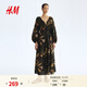 H&M女裝連衣裙2026春季新款大廓形裙衫式燈籠袖宮廷連衣裙1329749 黑色/花卉 M 165/96