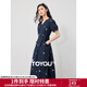 初語(yǔ)v領(lǐng)收腰a字裙子女2024夏季新款薰衣草刺繡純棉連衣裙 黑藍底繡花 S