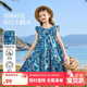 ASK JUNIOR童裝兒童裙子女童夏裝純棉透氣連衣裙青少年碎花裙公主裙 藍色