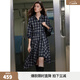 ELLE復古格紋純棉連衣裙女2026春季新款不規則時(shí)髦通勤休閑襯衫裙 藏青 L