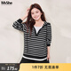 MsShe【假兩件連帽針織衫】大碼女裝2026款春夏裝胖mm顯瘦條紋上衣短袖 【長(cháng)袖】黑白條紋現貨 2XL