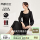 尚都比拉高級感長(cháng)袖連衣裙女春秋季女裝氣質(zhì)方領(lǐng)中長(cháng)款內搭打底赫本風(fēng)裙子