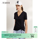 AMII女裝2026夏季新款時(shí)尚休閑V領(lǐng)全棉T恤女抽褶百搭短袖打底 黑色 L 165/88A