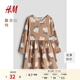 H&M童裝女童裙子秋季圓領(lǐng)印花喇叭裙擺長(cháng)袖連衣裙1245392 米色/老鼠 130 64