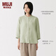 MUJI 女式漢麻水洗七分袖罩衫女士襯衫襯衣內搭女裝春季 BC2RBA6S 淺綠色條紋 S (155/80A)