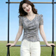 夏典素訂女王（SE.PSTP）2026夏季新款網(wǎng)紗閃鉆鏤空V領(lǐng)短袖T恤女修身不規(guī)則打底衫 灰色 XL