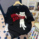 LDBE貓咪刺繡重工純棉短袖t恤女夏季美式復(fù)古潮牌小眾設(shè)計(jì)感半袖上衣 黑色 M 80-100斤