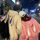 HOUQIYE連帽衛(wèi)衣男春秋新款抓絨兔耳朵連帽加絨情侶裝衛(wèi)衣學(xué)生加絨外套- 粉紅色 L