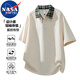 NASA MARVEL短袖T恤男夏季薄款透氣潮牌假兩件格子襯衫領上衣服 米黃 XL