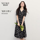 熙世界（sllsky）法式復(fù)古黑色碎花連衣裙女2026夏日新款系帶收腰顯瘦茶歇裙
