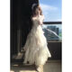 春乏白色蕾絲吊帶荷葉邊純欲風a字裙夏季連衣裙刺繡修身收腰生日禮裙 連衣裙 奶白色 S