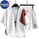 NASA MARVEL套裝男士夏季寬松休閑雙色拼接上衣短褲兩件套 白紅套裝 XL