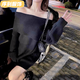 NAOISKEY?腦斯基溫柔風(fēng)一字肩毛衣女秋冬新款韓版露肩中長(zhǎng)款寬松慵懶斜肩針織衫 黑色單件毛衣 (無(wú)腰帶) S