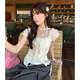 哈魯?shù)咸鹈啦c(diǎn)花邊短袖T恤女韓系溫柔修身假兩件綁帶帶飄帶泡泡袖上衣 杏色 （帶飄帶） XL （100-120斤）