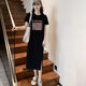 羅蒙（ROMON）過膝T恤裙長裙高彈純棉女夏季短袖寬松休閑簡約中長版洋裝顯瘦 黑色裙-太陽字母 M 80-105斤