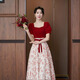 蘭卡·羅妮結(jié)婚敬酒服新娘小個子訂婚連衣裙酒紅色蕾絲回門宴禮服短袖中長款 酒紅色 L(建議106-115斤）