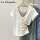 拉夏貝爾假兩件撞色v領(lǐng)短袖T恤女韓版顯瘦設(shè)計(jì)感小眾休閑上衣 白色 XL