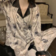 九寸陽(yáng)光新款國風(fēng)睡衣女夏冰絲高級感水墨印花蝴蝶長(cháng)袖長(cháng)褲家居服套裝 水墨印花蝴蝶 L （90-105斤）