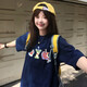 南木熊短袖t恤女夏季2026新款休閑半袖上衣設計感小眾印花五分半袖上衣 藏青色 蘋果短袖 M 【96-110斤】