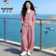 啄木鳥（TUCANO）時尚套裝女2026夏季新款洋氣質(zhì)復古V領中袖上衣闊腿褲棉麻兩件套 313#粉色上衣+褲子套裝 M 建議80-100斤