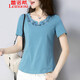 蕾諾希 短袖T恤女棉2024夏裝新款韓版百搭休閑刺繡文藝中年老媽上衣8363 牛仔藍 3XL