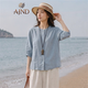 AJND簡約大方五分袖襯衫女夏季文藝休閑亞麻襯衣女寬松顯瘦包邊上衣 淺藍色 M 建議125斤以內
