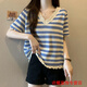 風(fēng)曉薇大碼條紋短袖t恤女夏胖mm遮肚寬松顯瘦正肩冰絲v領(lǐng)木耳邊針織上衣 藍色-遮肚子大碼女 4XL (建議180-200斤)-遮肚子大碼女
