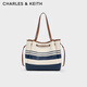 CHARLES&KEITH帆布條紋大容量單肩托特包生日七夕禮物送女友CK2-30782862-A Multi米色/藍(lán)色/棕色 L