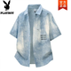 花花公子（PLAYBOY）青少年純棉短袖襯衫男款2026夏季薄款寬松休閑翻領(lǐng)襯衣透氣開衫 淺藍(lán)色 XL (建議131-145斤）