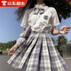 宜品達偽娘大碼jk制服蘿莉學生jk裙小男娘大碼半身裙子格甜美學院百褶裙 溫柔一刀【衣服+裙子+領結】 2XL