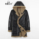 凱撒億爾綿羊皮草男裝中長(cháng)款連帽大衣外套羊羔毛皮毛一體男士真皮衣中長(cháng)款 黑米 190/56XXXXL
