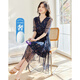 德瑪納【100%桑蠶絲真絲】夏V領荷葉袖碎花洋裙淑女松緊腰連衣裙女