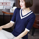 橫行道2026新款洋氣打底衫外穿撞色V領(lǐng)中袖針織衫顯瘦顯氣質(zhì)半截袖 藏藍 2XL