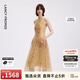 朗姿【焦點系列】船領(lǐng)修身收腰無袖碎花連衣裙女2026年夏季新款 芥末黃色 M