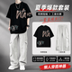 啄木鳥（TUCANO）純棉短袖T恤男套裝夏季痞帥高級感男裝帥氣學(xué)生潮流一套搭配長褲 短袖黑+工裝褲淺灰【兩件套】 XL 【120-140斤】