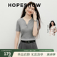 紅袖（hopeshow）設計感v領針織衫2026夏季新款女裝細坑條正肩顯瘦減齡氣質上衣 煙灰056 M
